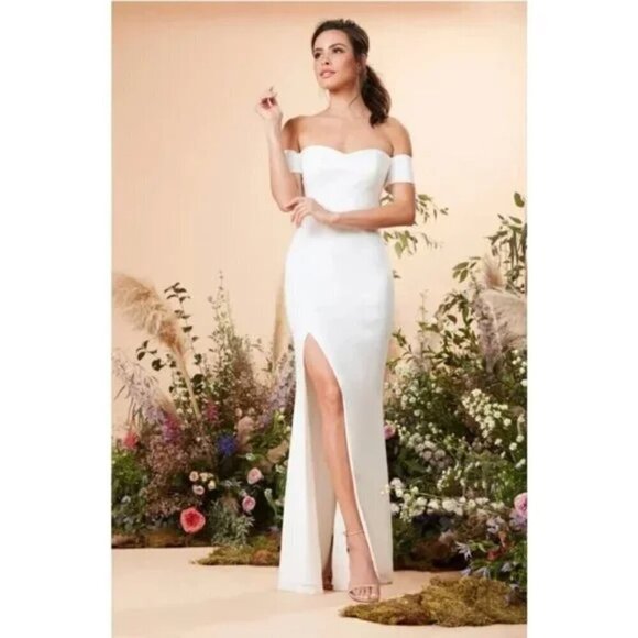 DRESS THE POPULATION Logan Off the Shoulder Evening Dress in Off White X-Small - Picture 11 of 15